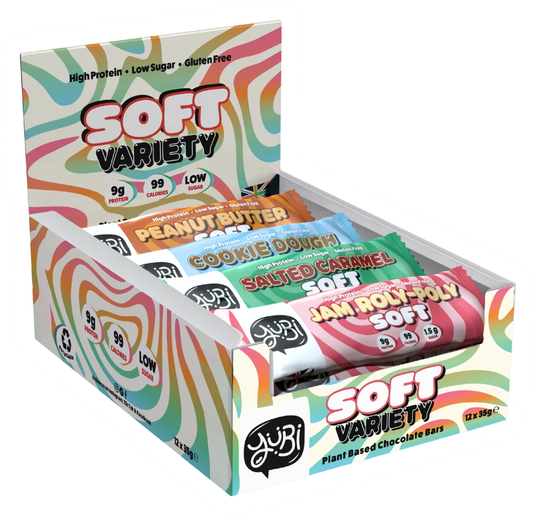 YuBi Soft Variety box of 12 bars, with Salted Caramel, Jam Roly-Poly, Peanut Butter and Cookie Dough Soft bars