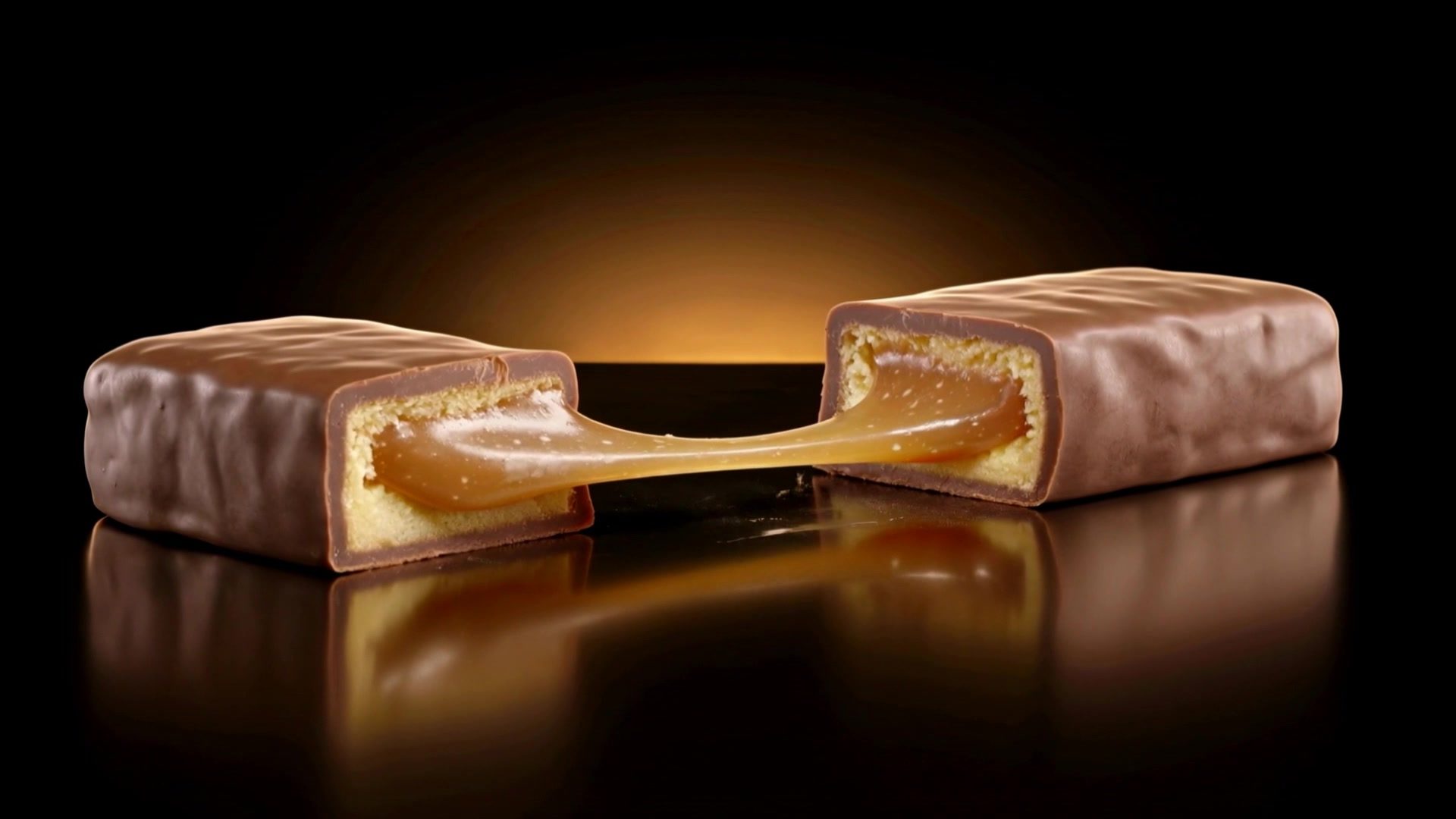 A broken Salted Caramel Soft bar showing its soft inner layer and stretched caramel centre